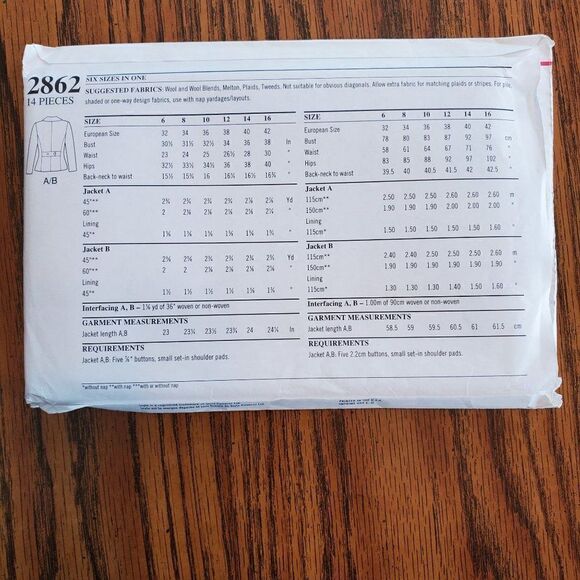 Vintage 90s Style Pattern 2862 Uncut Wool Tweed Double Breasted Jacket A 6-16 - Picture 3 of 3